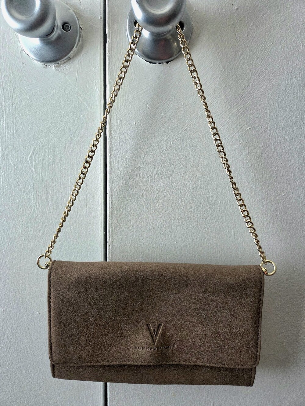 VANESSA WILLIAMS Taupe Suede Gold Chain Shoulder Bag
